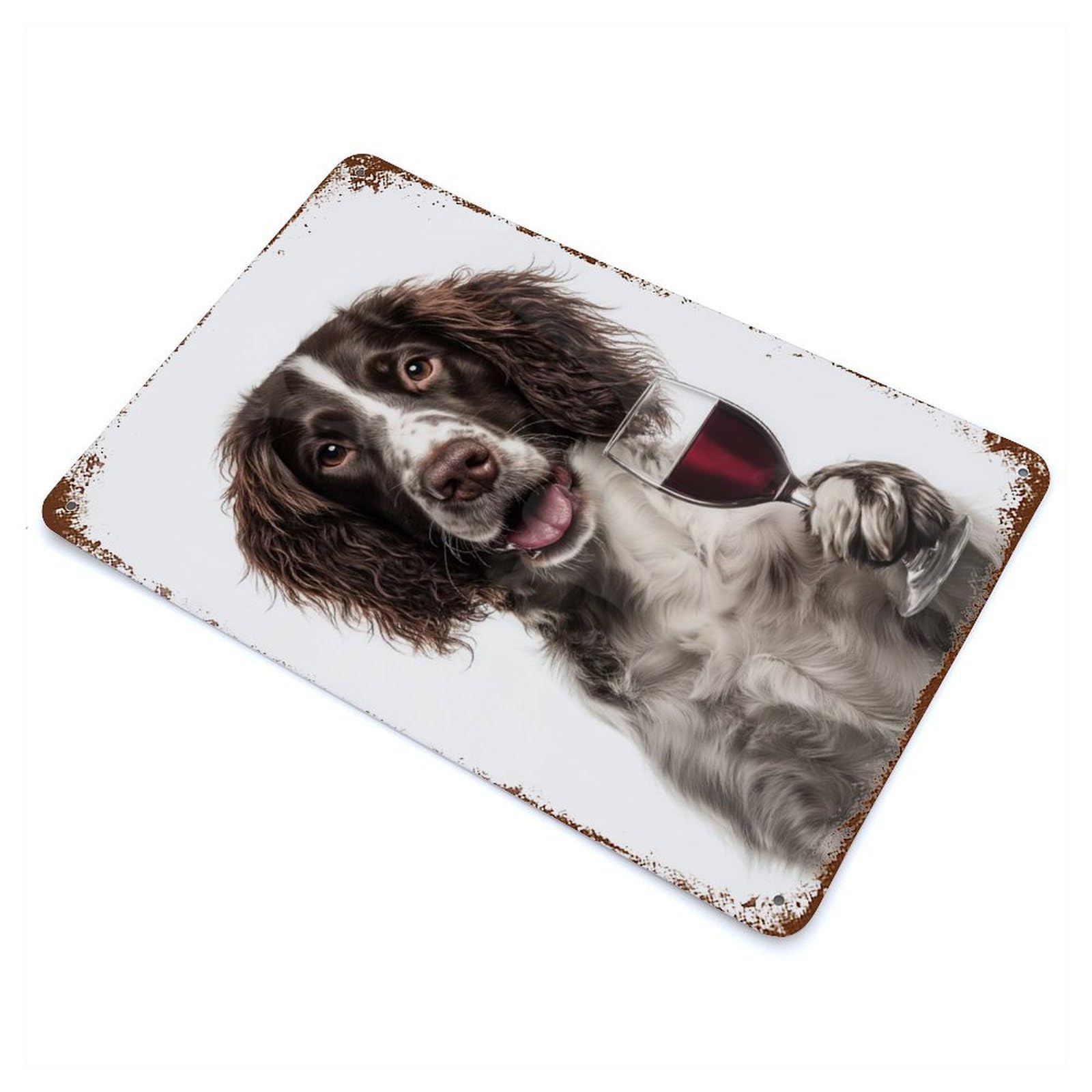 Decorative Tin Sign with English Springer Spaniel with Wine Glass Portrait Design 11.8"x7.9", for Garage, Bar And Workshop Decor, Decorative Metal Wall Art
