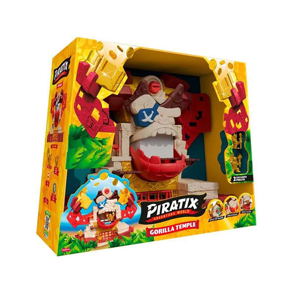 PIRATIX ADVENTURE WORLD Gorilla Temple with multiple hidden secrets and evidence. Contains 1 temple, 4 coins (1 exclusive), 1 gold totem, 2 exclusive Piratix and 3 accessories