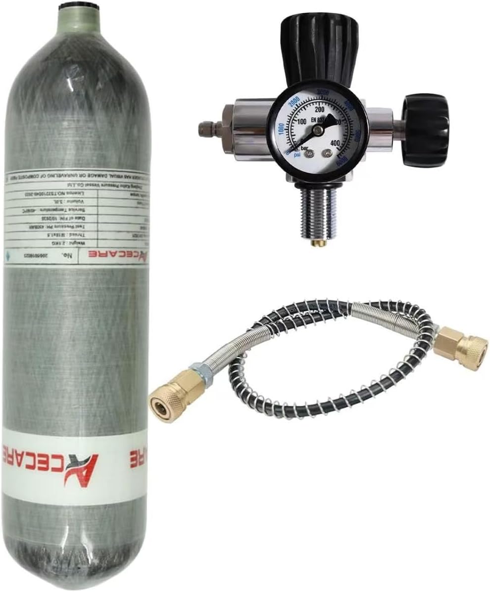 GREOENEL Amor 4500psi Carbon Fiber Air Tank 3L (Empty Bottle)& Pcp Paintball Filling Station with Pressure Gauge Valve Scuba Tank Pcp Tank with Regulator Gauge for PCP Game