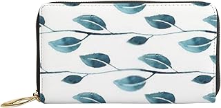 Carteiras femininas de couro legítimo elegantes com folhas azuis e porta-cartão de crédito com zíper organizador de bolsa longa de viagem feminina, Elegante folhas azuis ramos, 7x4.3x0.8 Inches