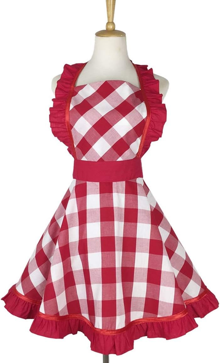 Lovely Retro Aprons for Women with Pocket Cotton Cooking Mother's Day Apron Dress Gift (Red Grid)