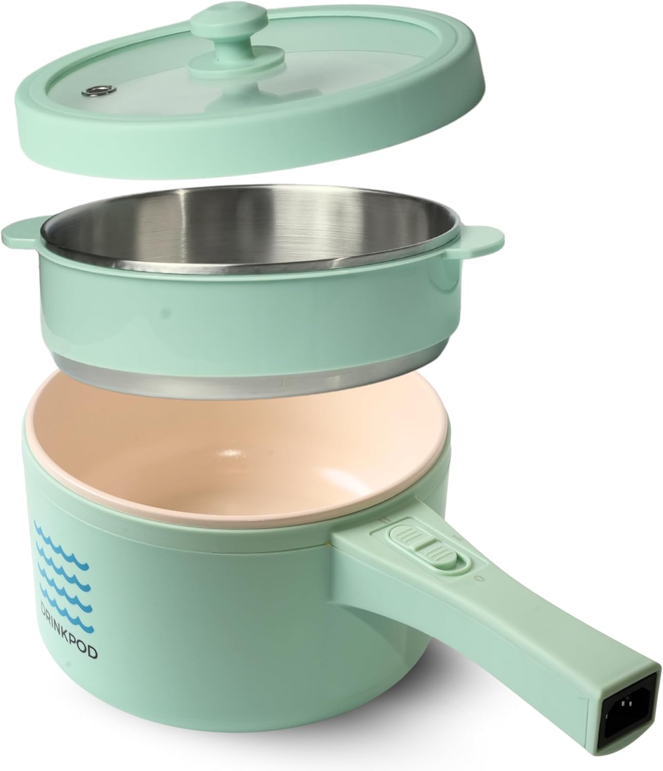 DRINKPOD 2L Electric Hot Pot with Steamer, Portable Multi Cooker for Ramen, Eggs, Soup, Oatmeal Non-Stick Mini Pot with Adjustable Temperature (AQUA GREEN)