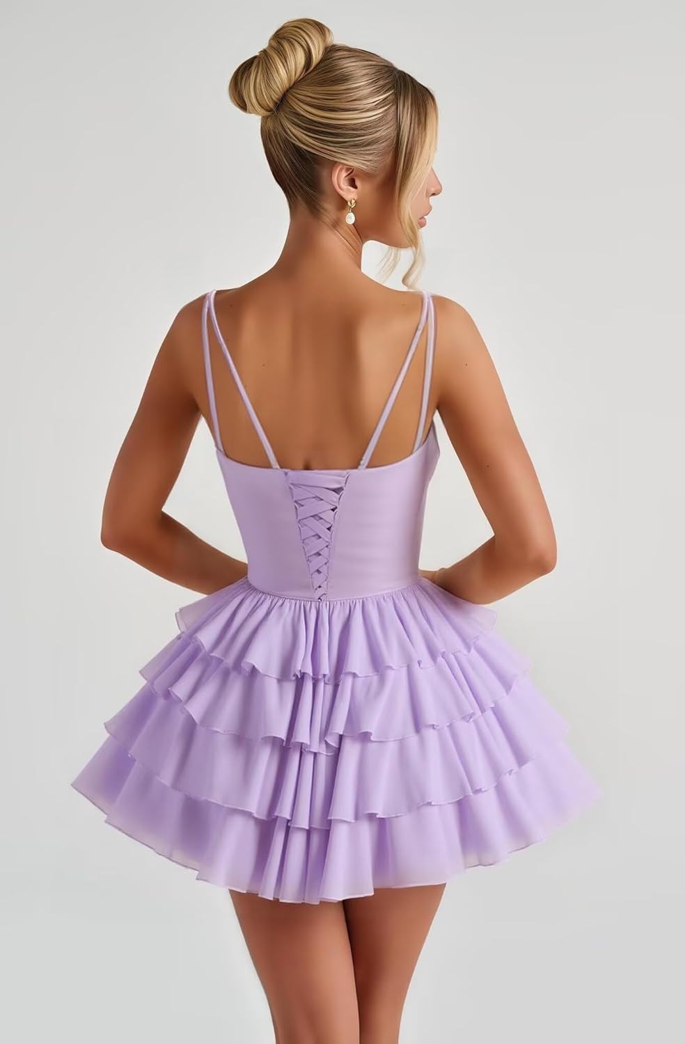 Short Chiffon Tiered Homecoming Dresses for Teens Deep V Neck Double Spaghetti Strap Formal Evening Gown HRW80