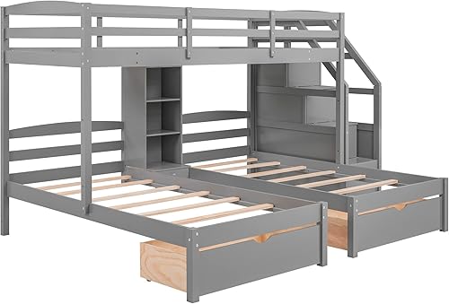 Miniatura 8 de Litera con barandilla de longitud completa litera triple de madera con cajones base de cama individual sobre individual y individual con