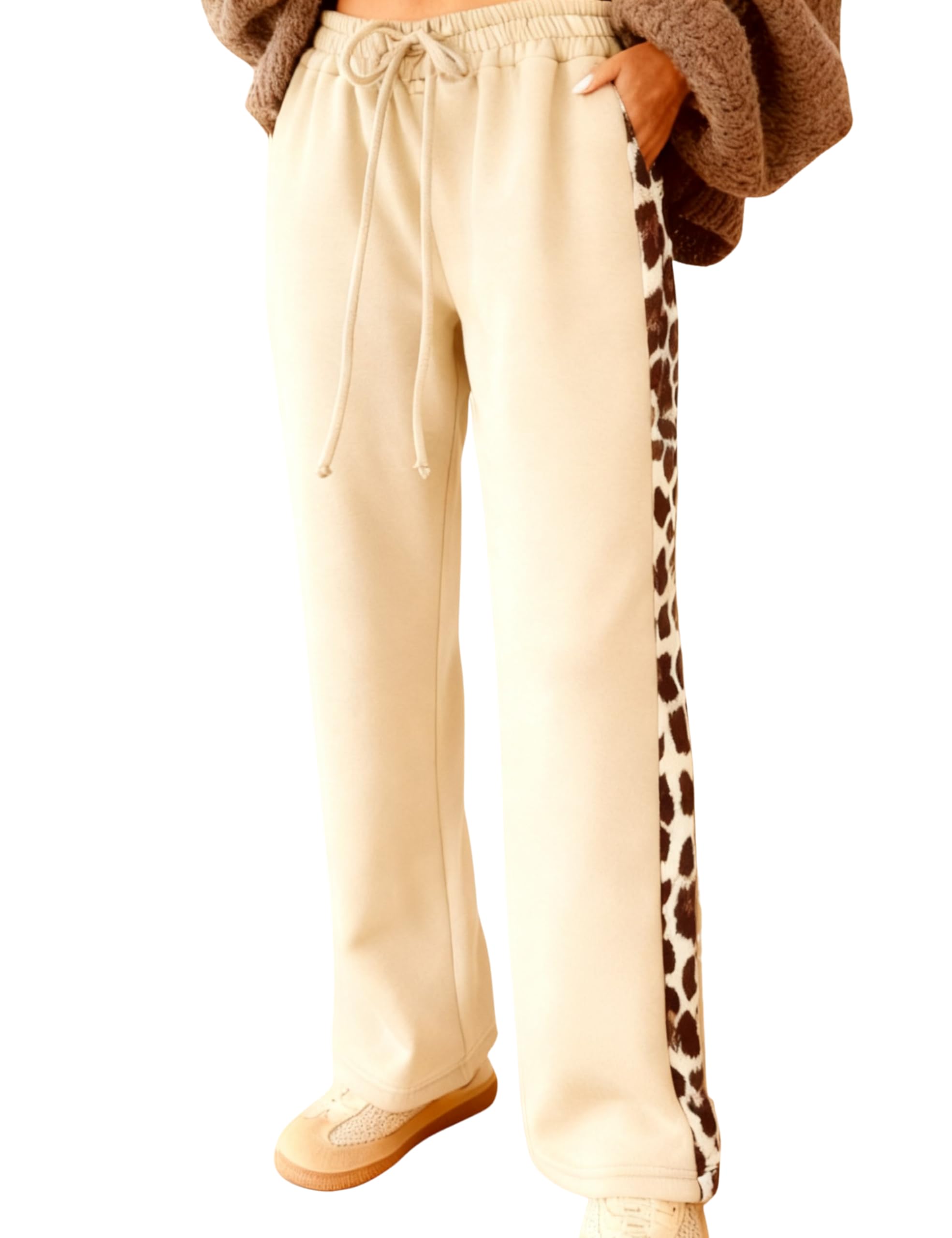 Hongsui Womens Side Leopard Print Pants Casual Wide Leg Pants Elastic Waistband Knit Pants with Pockets