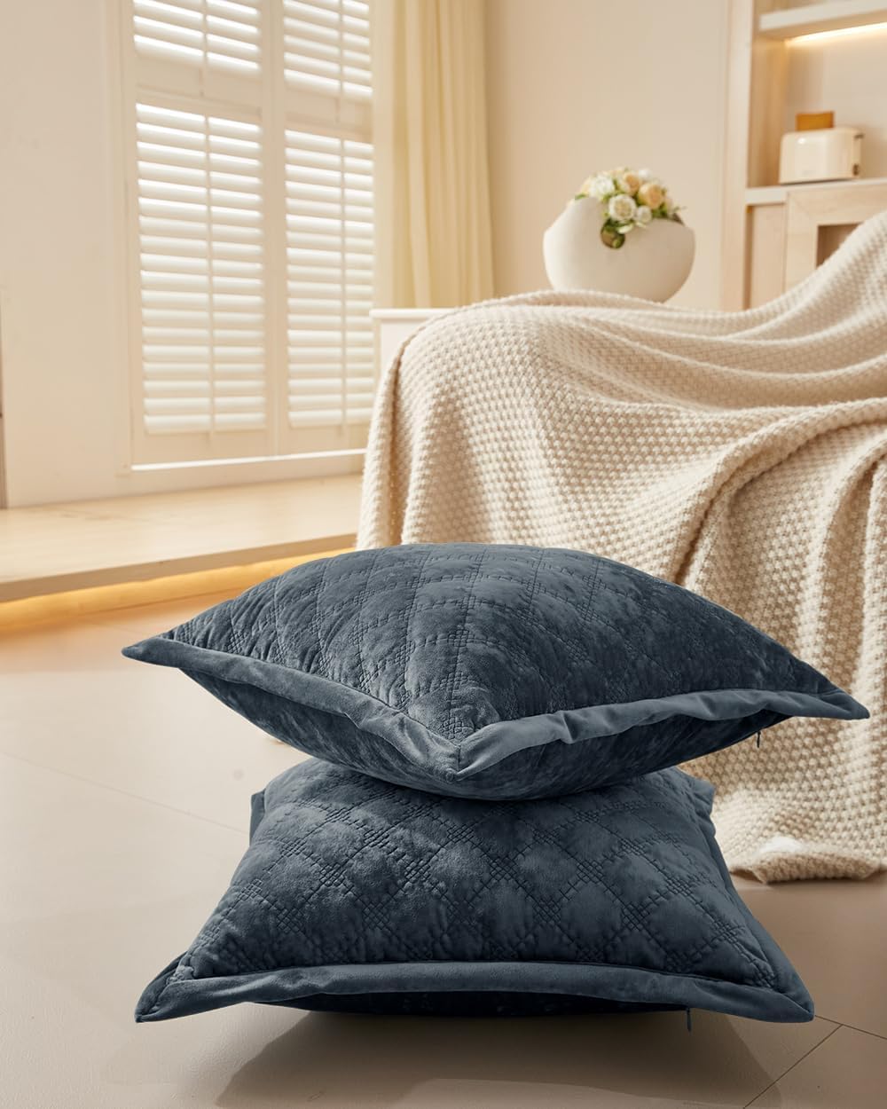 Throw Pillow Cover 18x18 1 Piece Velvet Square Pillowcase Soft Skin-Friendly Cross Process Decorative Farmhouse Cushion Covers for Couch Sofa Bedroom Living Room,Gray Blue image 5