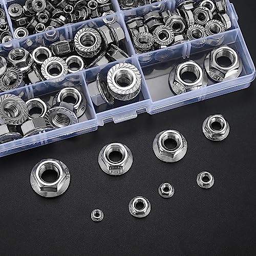 190 Stk Flanschmuttern mit Flansch und Sperrverzahnung, Sechskantflanschmutter Set, Sechskantmuttern Selbstsichernd Edelstahl, Sicherungsmuttern, Sperrzahnmuttern, M3/M4/M5/M6/M8/M10/M12