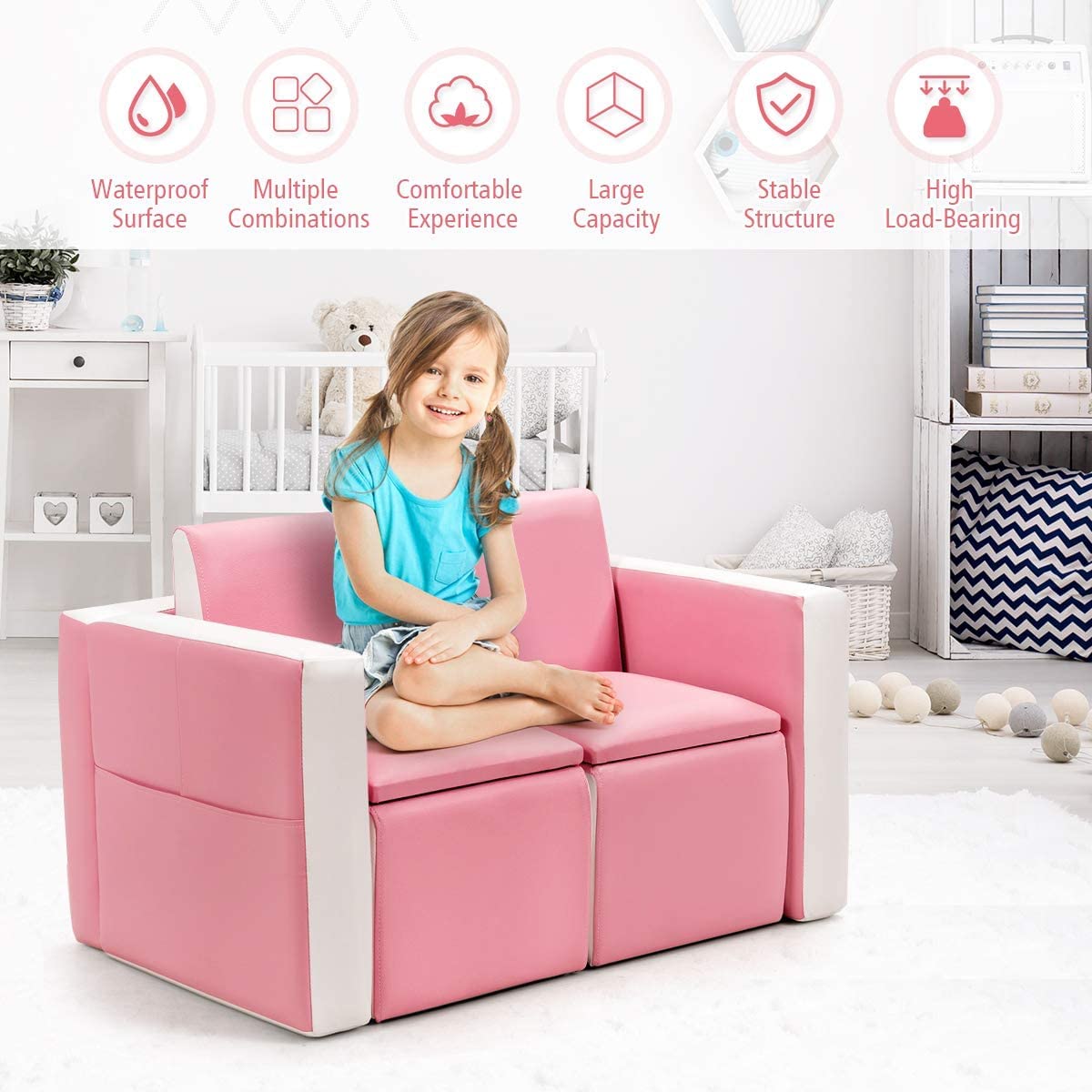 GLACER 2-in-1 Kids Sofa, 2 Seat Sofa Convert to Table & 2 Chairs, PVC Leather Toddler Couch w/Sturdy Wood Construction, Multifunctional Children Armchair w/Storage Space, Boys Girls Gift (Pink)