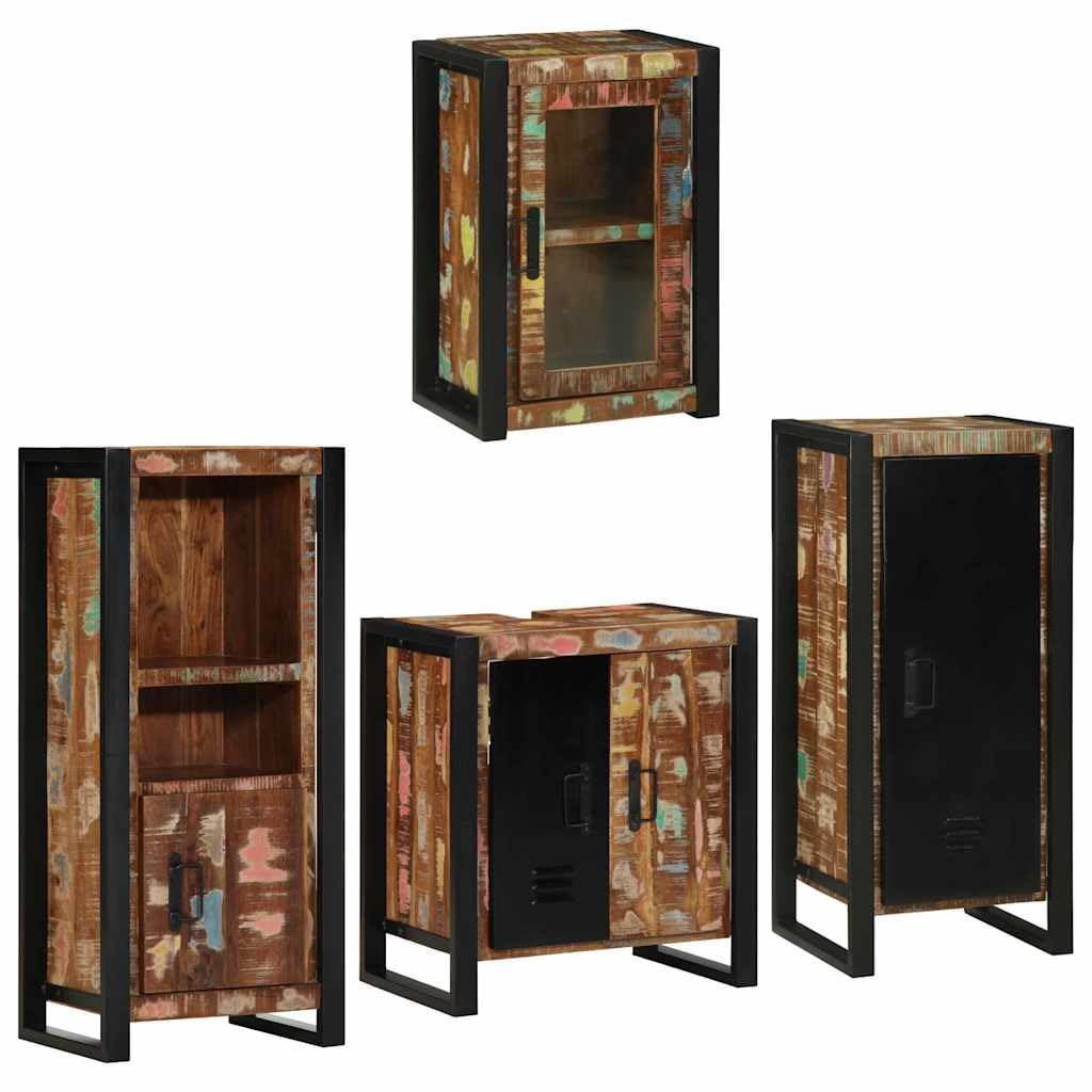 Juego de muebles de baño, 4 unidades, madera maciza con marco de metal