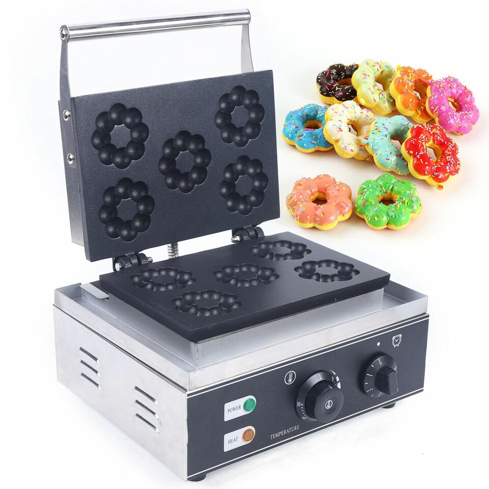 BFDIEEM Commercial Non-Stick Waffle Donut Machine Plum Flower 5 Holes Double-Sided 1500W Electric Doughnut Maker For Baking Delicious Donuts ?Mini Donut Size?