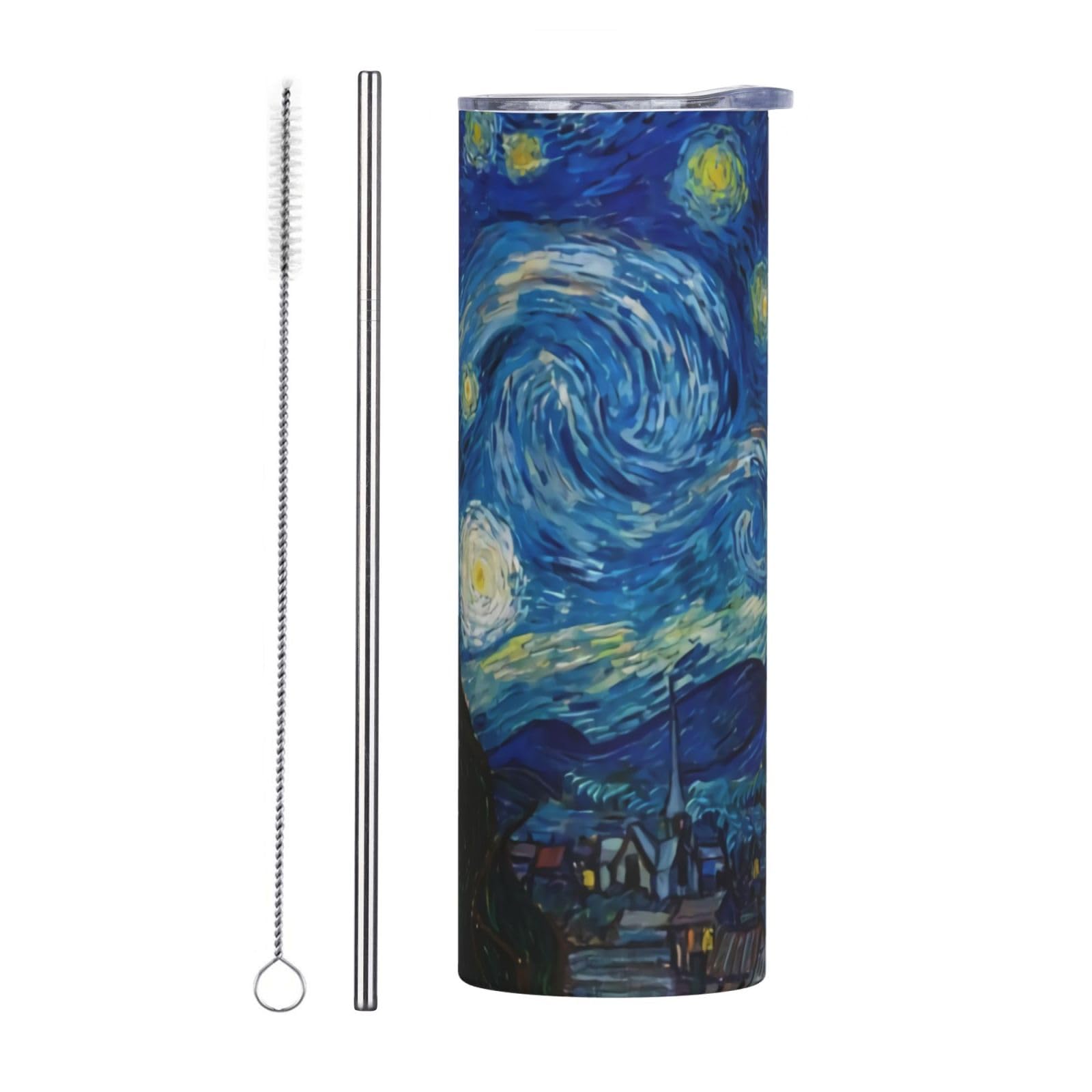 The Starry Night Van Gogh 20 oz Tumbler Stainless Steel Vacuum Insulation Travel Mug Proof Lid Water Coffee Cup Straw and Brush Included for Home