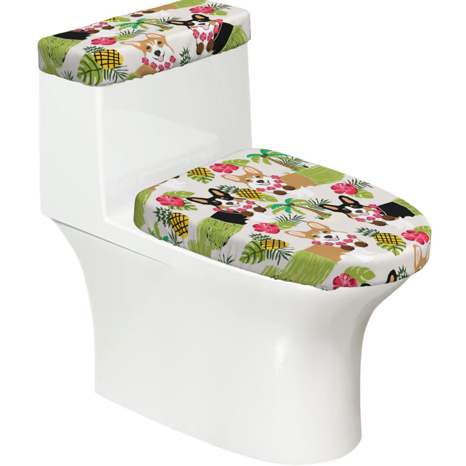 Corgi Hawaiian Tropical Summer Pineapple Print Stretch Toilet Covers Set, Polyester Covers Replacement For Fits Most Size Lids Bathroom Decor