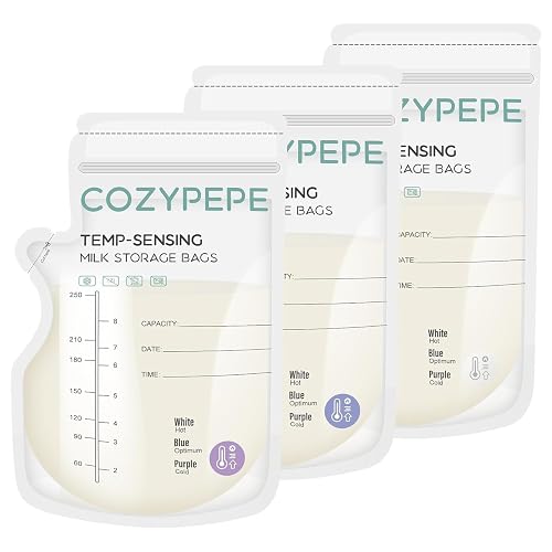100 Pcs Breastmilk Storage Bags, 8oz/250ml Breast Milk Storing Bag with Pour Spout, Temperature-Sensing Color Change Milk Bag for Convenient Breastfeeding, No Leak Presterilized for Freezer