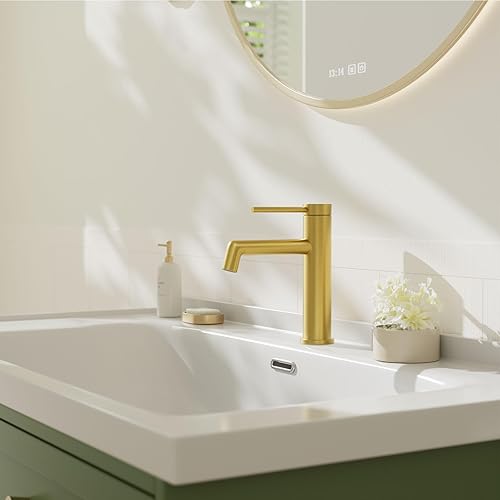 Miniatura 3 de Phiestina Grifo de baño de oro cepillado, grifo de lavabo de baño de una sola manija, con línea de suministro de agua y drenaje desplegable de