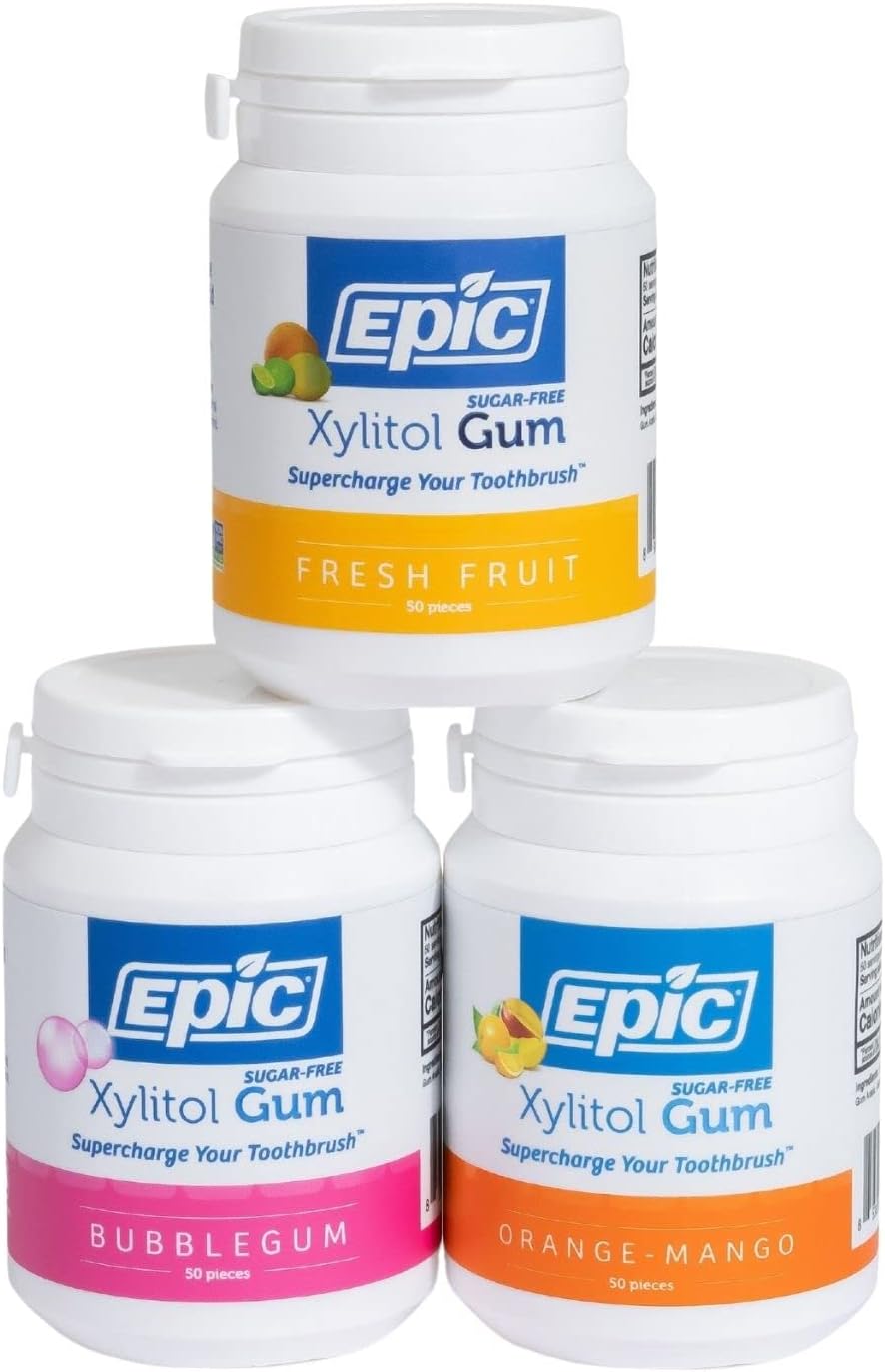 Epic Gum - Aspartame Free 100% Xylitol - Chewing Gum Sugar Free Gum - Fresh Fruit, Bubblegum, Orange Mango Variety, 50 Pieces (Pack of 3)