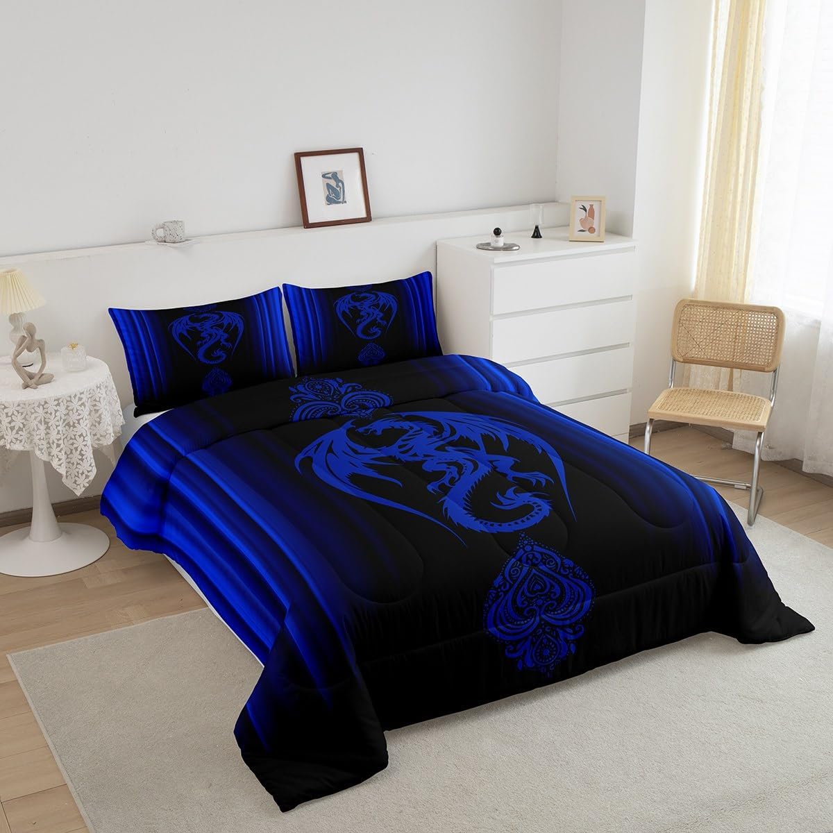 Feelyou Blue Dragon Comforter Set Gradient Ombre Blue Teens Women Bedding Set for Kids Boys Girls Vintage Boho Paisley Decor Comforter Exotic Trippy Quilt Set 3Pcs King Size