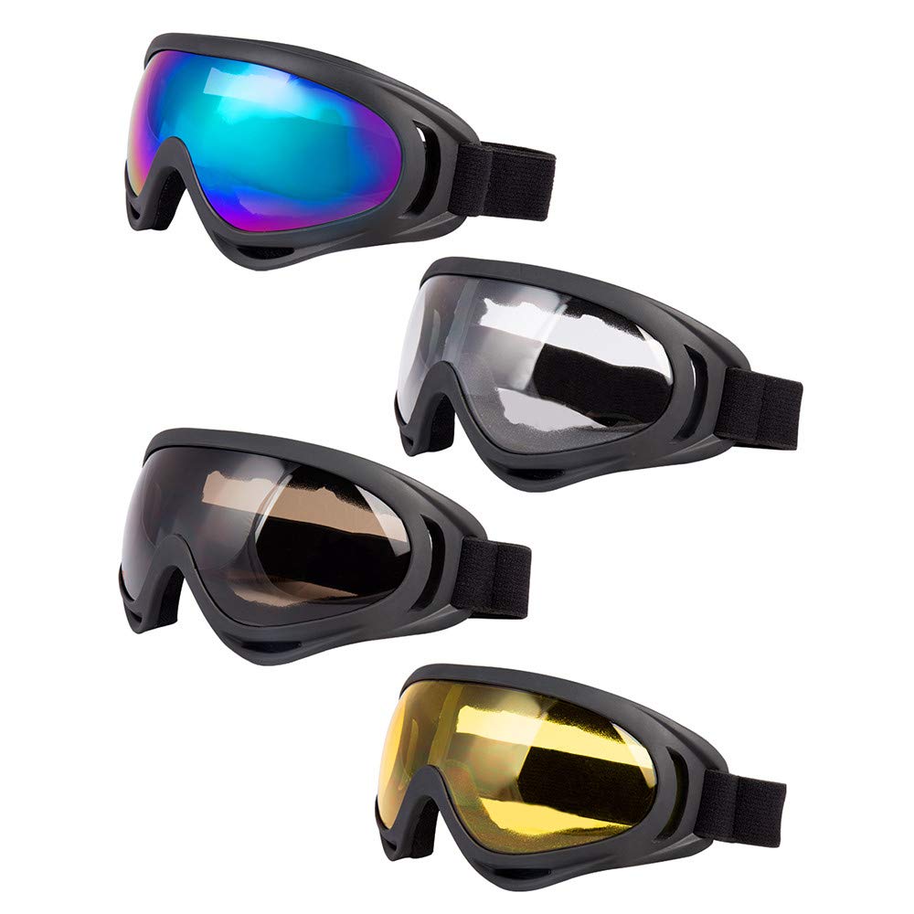 LJDJ Occhiali da sci, set da 4 pezzi, regolabili, protezione UV 400, per moto, sport esterni, colorati + trasparenti + giallo + tawny