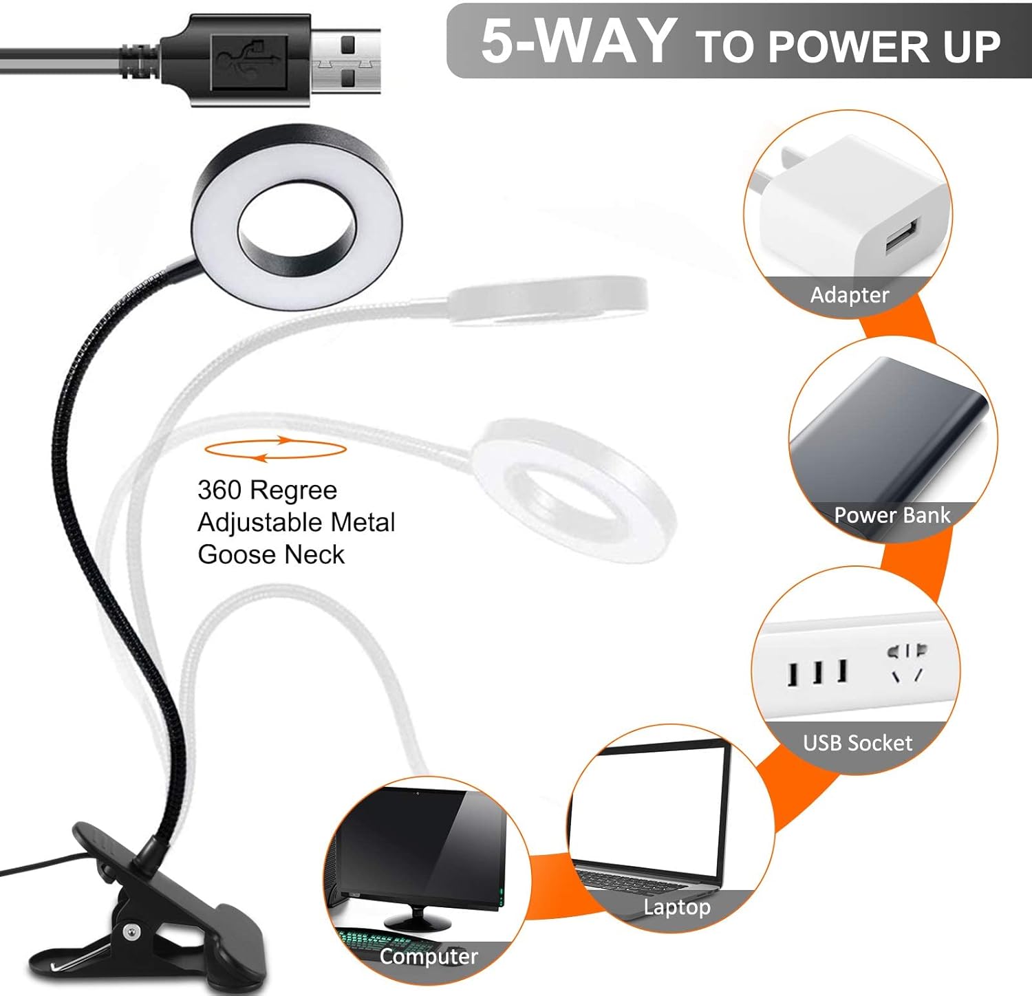 Dpower Clip on Light Reading Lights, 48 LED USB Desk Lamp with 3 Color Modes 10 Brightness, Eye Protection Book Clamp Light, 360 ° Flexible Gooseneck Clamp Lamp for Desk Headboard Video Conferencing