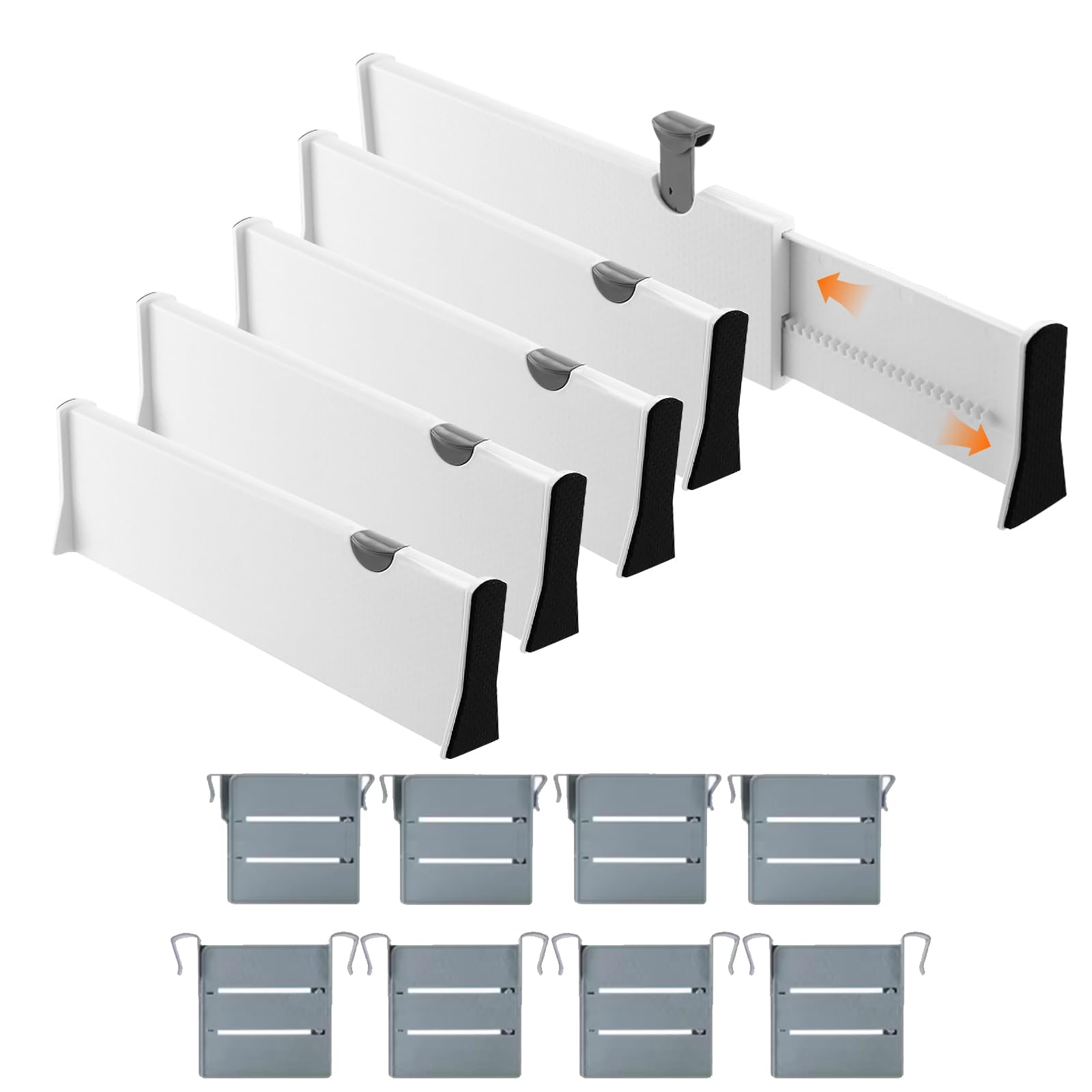 5 Pezzi Set Divisori Cassetti Regolabili, Organizzatore Cassetti Estensibili 37.6-54cm, Separatori Cassetti Plastica, Organizer Cassettiera per Cucina, Camera Letto, Ufficio, Bagno, Armadi (Bianco)