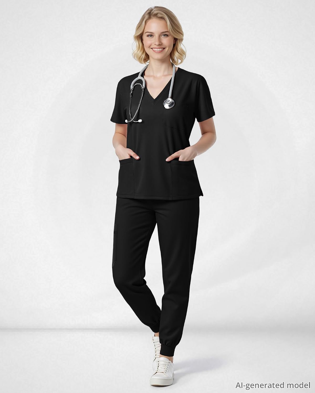 Scrubs for Women Set, Stretchy V-Neck Top & Jogger Pants with Multi-Pocket Yoga Waistband