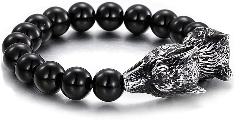 Mens Womens 10MM Black Onyx Beads Chain Free Inspirational Talisman Amulet Jewelry Bangle Bracelet, Stainless Steel Vintage Wolf Head Charms