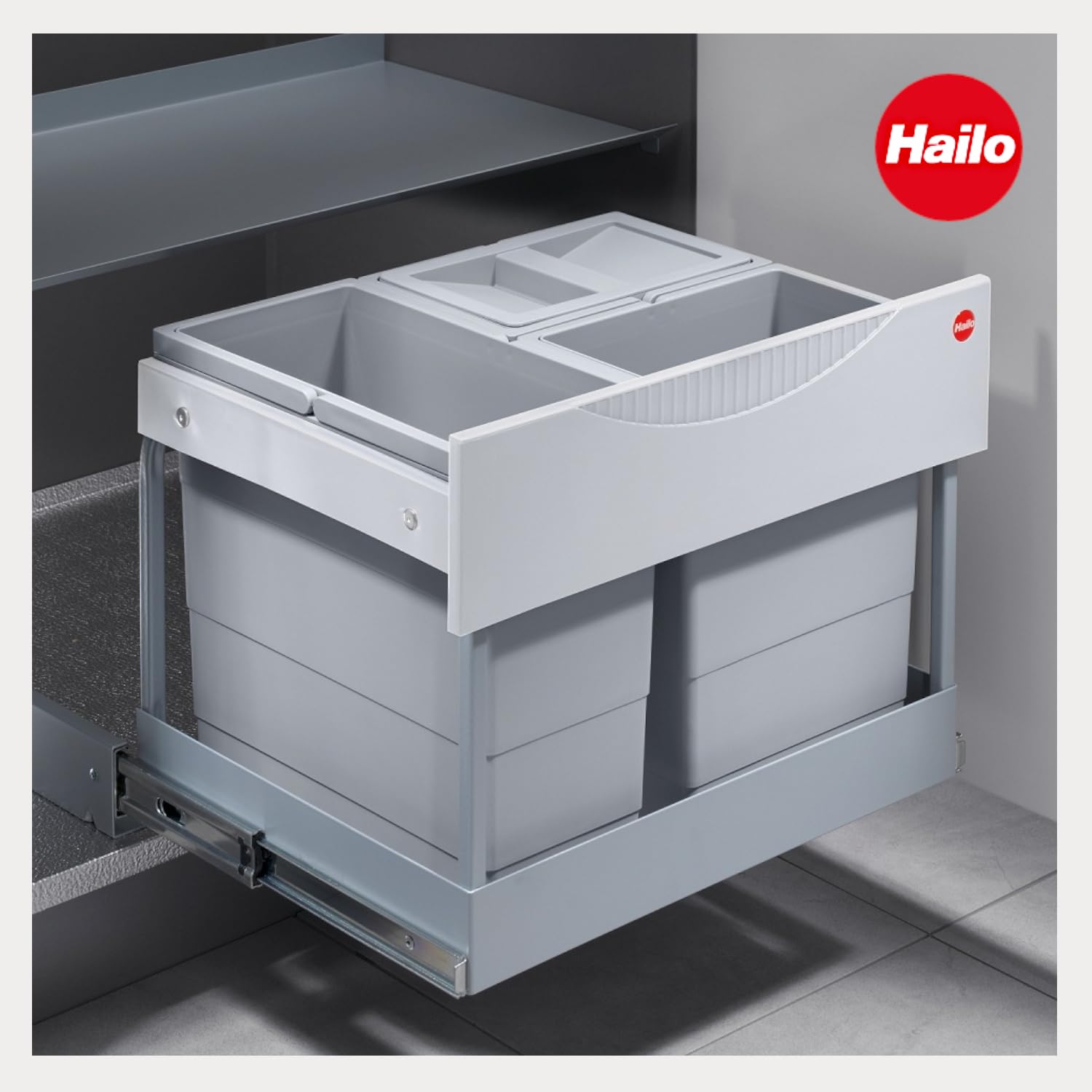 Hailo Abfallsammler 3644801 | 3-fach Raumspar Tandem Mülleimer | 2x 8.5 + 12L Abfalleimer | Ausfahrautomatik integriert | Mülltrennsystem ab 60 cm Unterschrank | Passend für Drehtür