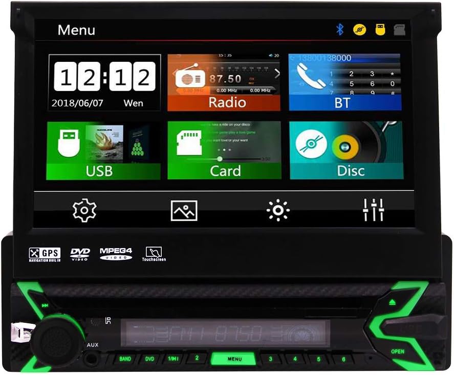 HD 7 DVD Player 1 Din Car Stereo In Dash AM/FM Radio GPS Navigation Bluetooth Headunit Support Audio/Video Output Colorful Button+