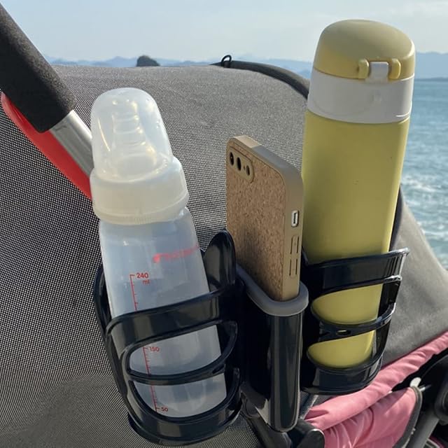 2 in 1 Pushchair Stroller Cup Holder, Universal Pram Cup Holder with Phone Storage Box Drink and Coffee Cup Holder Baby Bottle Organizer for Stroller Baby Buggy Bike(Black)