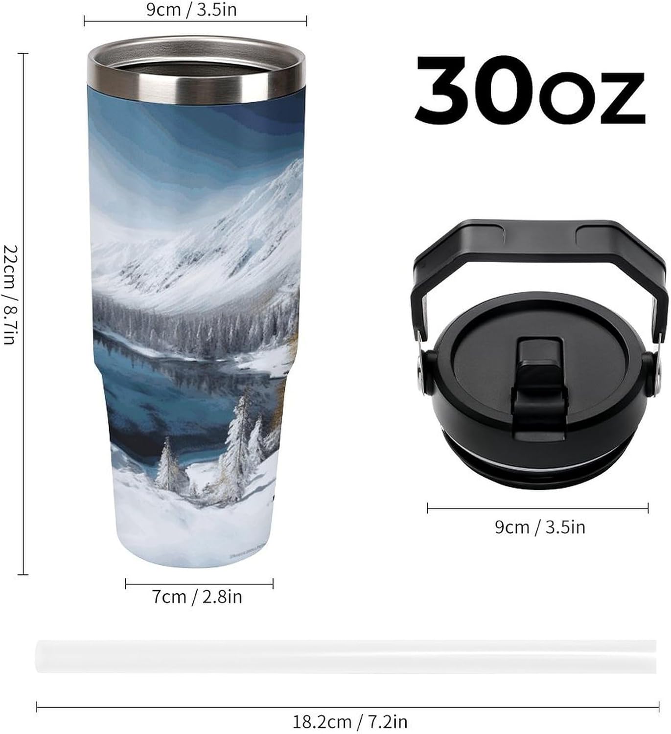 Winter Mountains Snow Scene Water Bottle 30 Oz Fits Car Cup Holder,Insulated Coffee Mug Large Capacity Car Cups,Stainless Steel Double Wall Sport Bottle for Travel Sports Gym