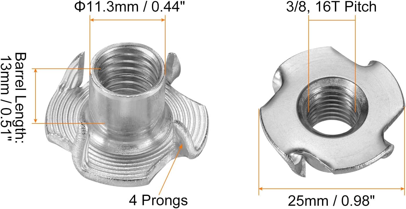 HARFINGTON 3/8x13mm T-Nuts 4 Pronged Tee Nut 304 Stainless Steel Threaded Inserts for for Wood, Rock Climbing Holds, Cabinetry, Furniture 50pcs