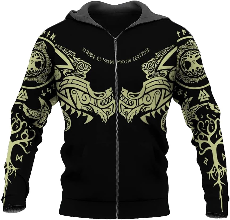 INDIRAN Felpa Con Cappuccio Uomo Zip - Stampa Vichingo 3D, Unisex, Manica Lunga, Con Tasche
