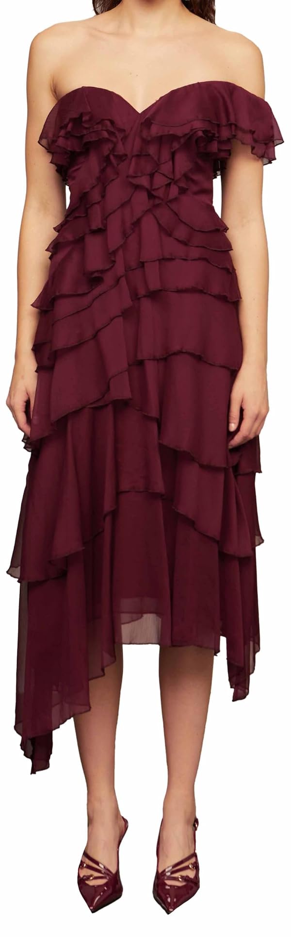 AMUR Women's Emaline Chiffon Cascade Dress, Pinot Noir, 14 by AMUR - Used condition