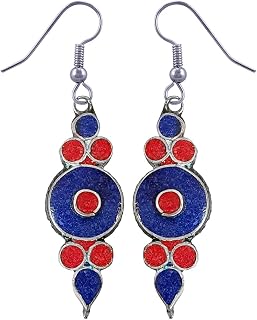 Handmade Drop Earrings for Women,Coral Lapis Lazuli Gemstone Earring,Ethnic Designer Silver Plated Fashion Jewelry for Gifts,Drop Earrings, Brass, Coral