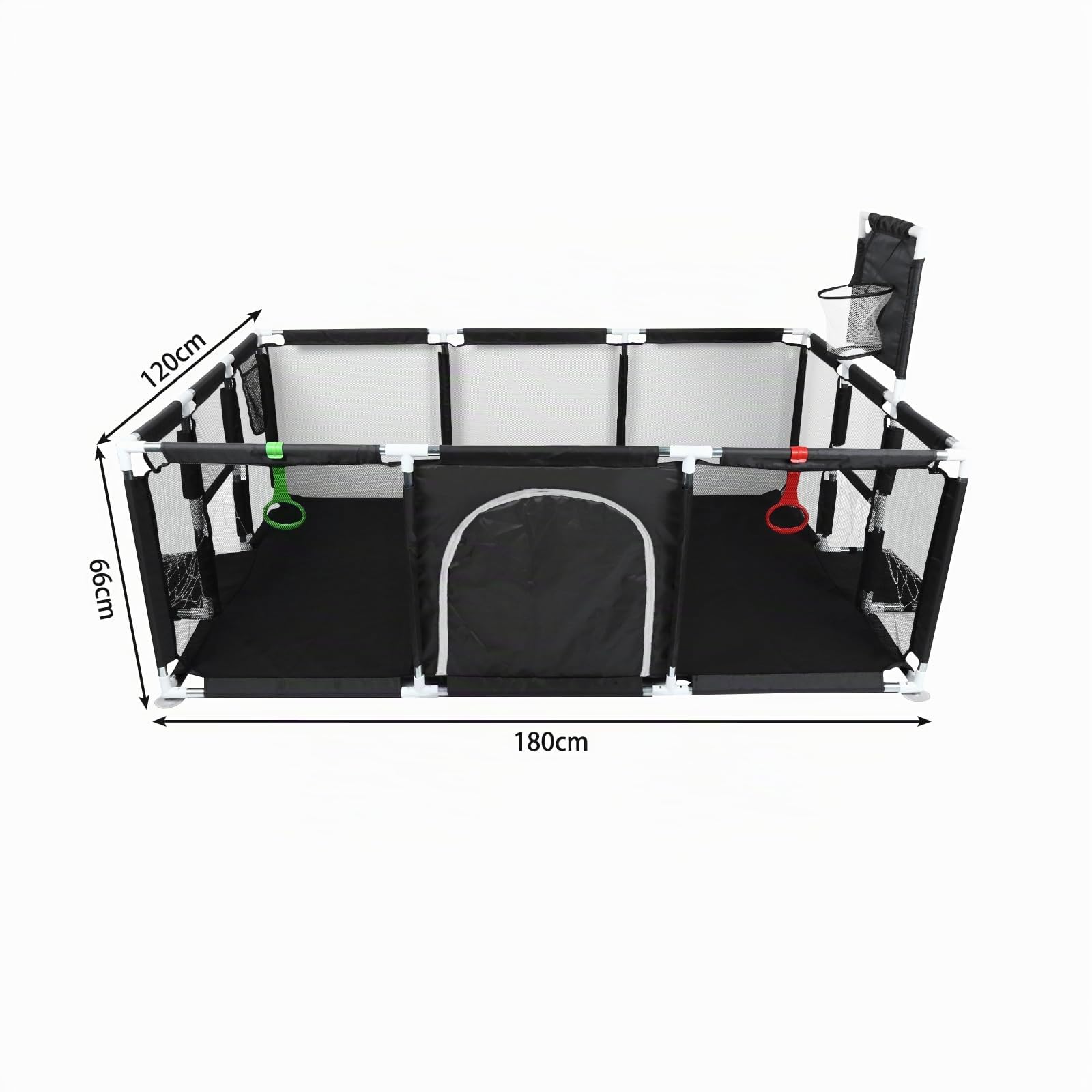 Grande Portable Enfants avec Ventouse Base Antidérapante, Modulable,Pliable,parc pour enfant en bas âge Avec Porte Zippée,50 Balles,Basketball Rack,Avec 4 Ventouses-180 * 120 * 66cm-Noir