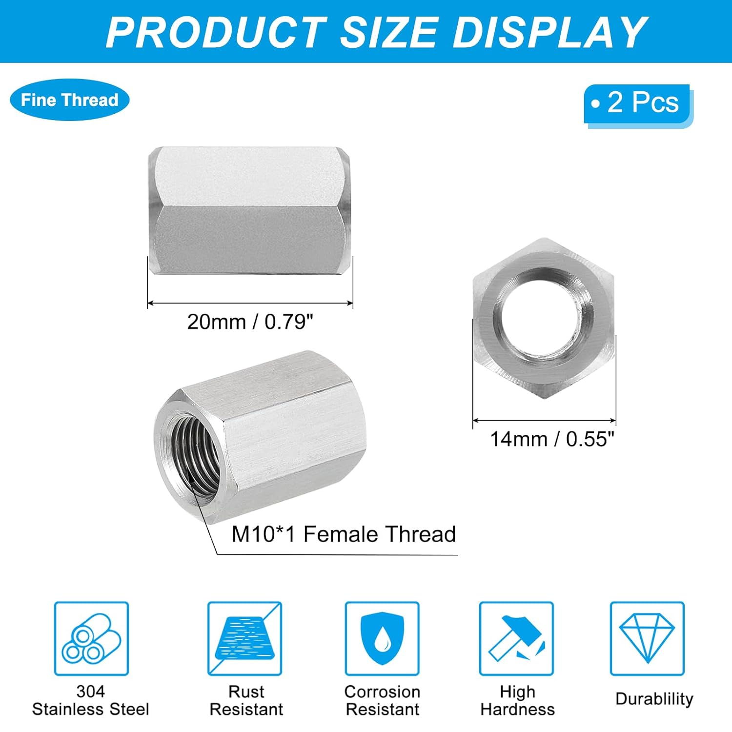 PATIKIL M10 x 1-Pitch 304 Stainless Steel Hex Coupling Nuts, 2Pcs 20mm / 0.8" Length Fully Threaded Rod Coupling Nut Studding Connector Fasteners, Silver Tone