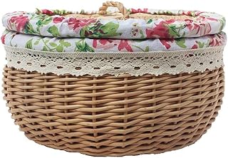 Egg Baskets, With Cotton Lining Handmade Storage Weave Rattan Hamper For Flower Fruit Bread Picnic Laundry Basket (Color : Covered - variegated, Size : 25×14cm)