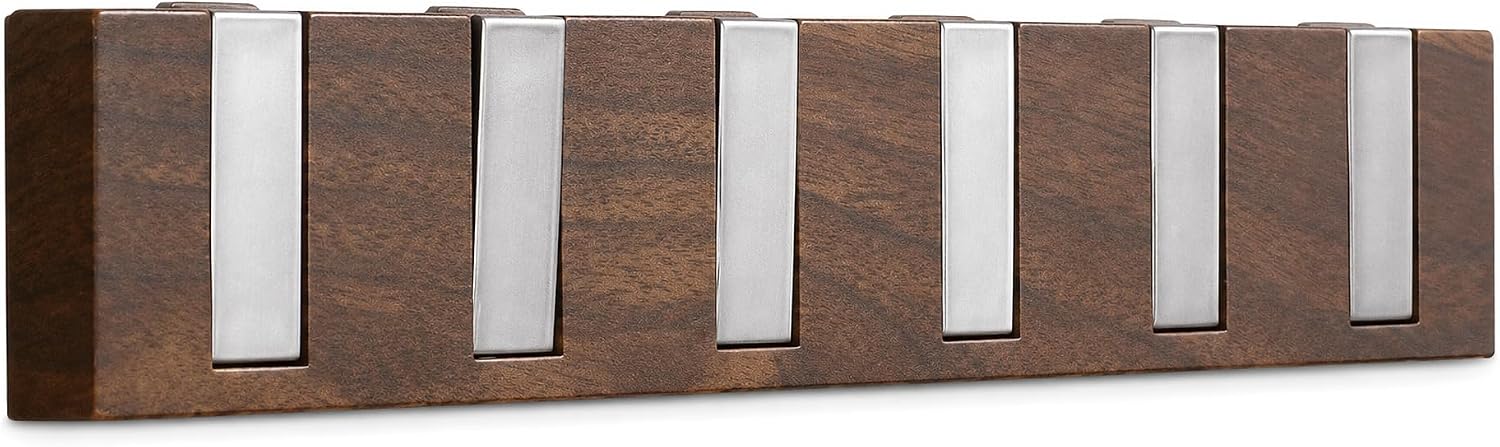 Piano Key Wall Coat Rack, Waterproof Wood Grain Fold Down Towel Hooks for Bathroom, Retractable Clothes Hanger (Walnut Wood Grain)