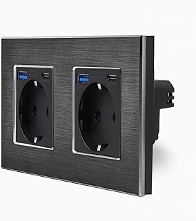Luxus-Time 2-Fache USB Steckdose mit USB A/C Anschluss 20W im zweifachen Design Aluminiumrahmen für die DE Unterputzdose Einbau Dose zweifach Schuko Stecker in Schwarz LXBA2-MP010U-2-12