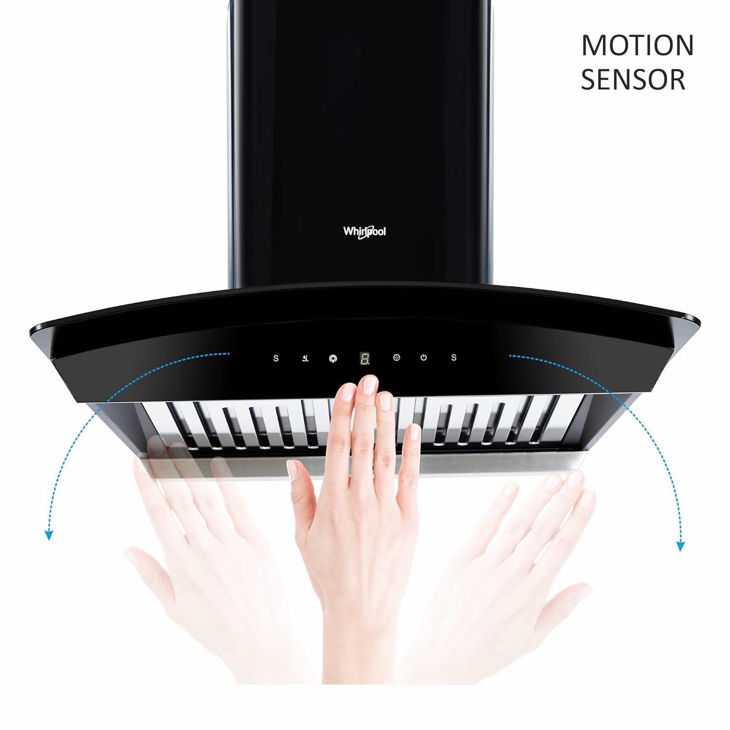 A hand demonstrating gesture control to operate the Whirlpool CG 601 HAC HOOD chimney.