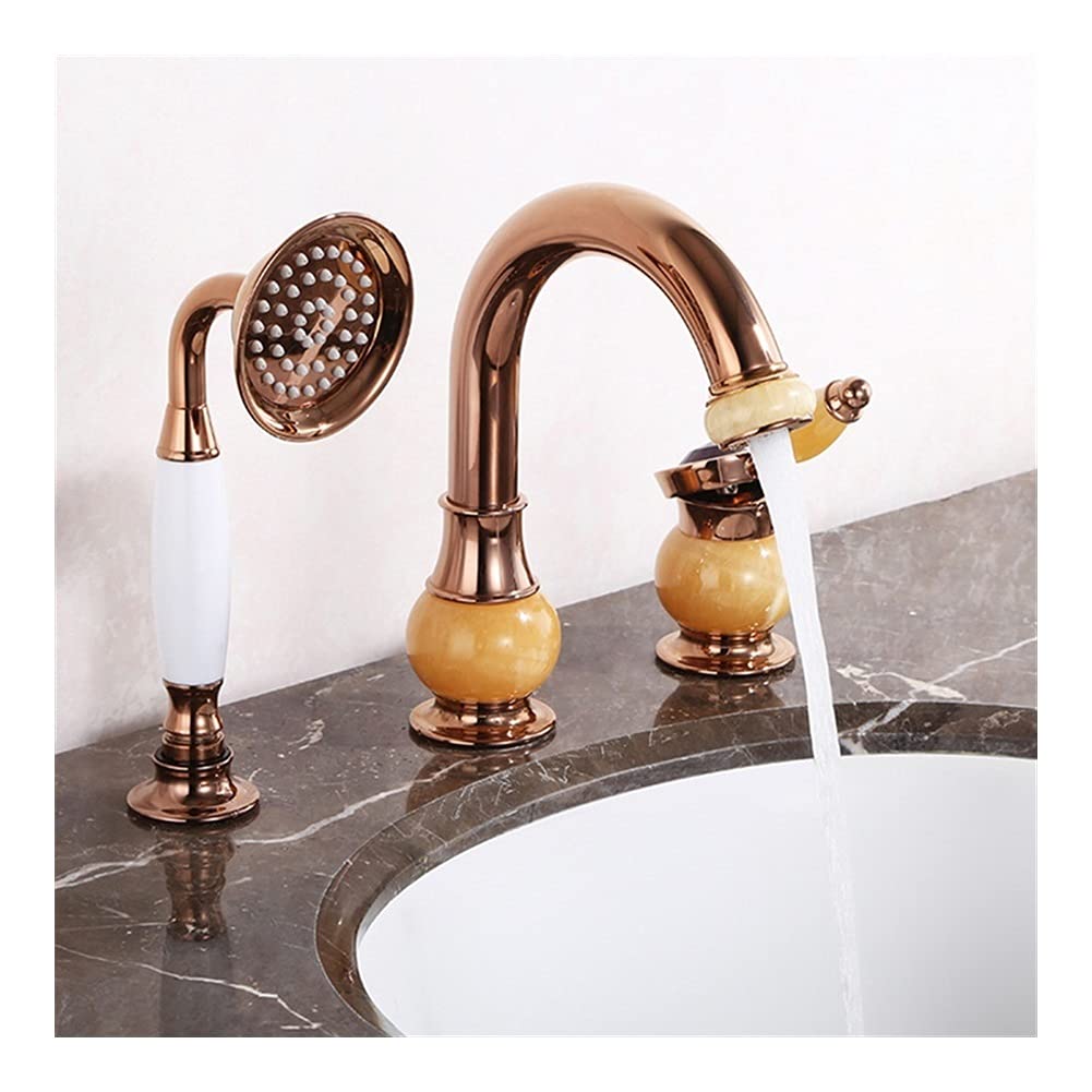 BHGFYXBS Bathroom Sink Tap Rose Gold Basin Faucet, Brass And Jade 3 Hole Bathtub Faucet, Bathroom Shower Faucet, Bath Shower Bath Sink Faucet Water Mixer Taps Basin Taps,Rose Gold