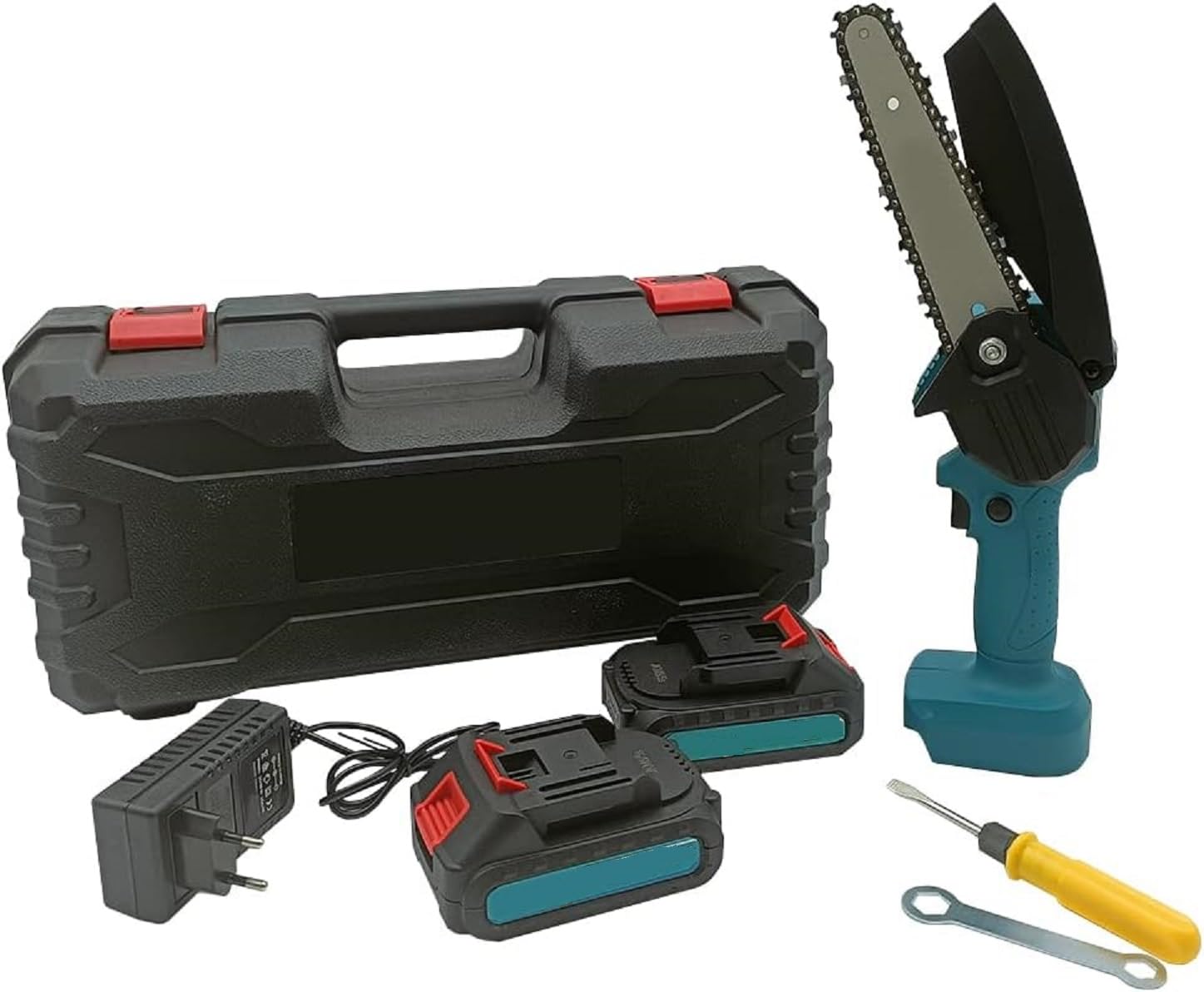 Mini motosierra eléctrica con batería para poda, con 2 baterías, cadena de 10,16 cm (4 pulgadas), práctico maletín de transporte para corte de madera Jardines DIY CW838