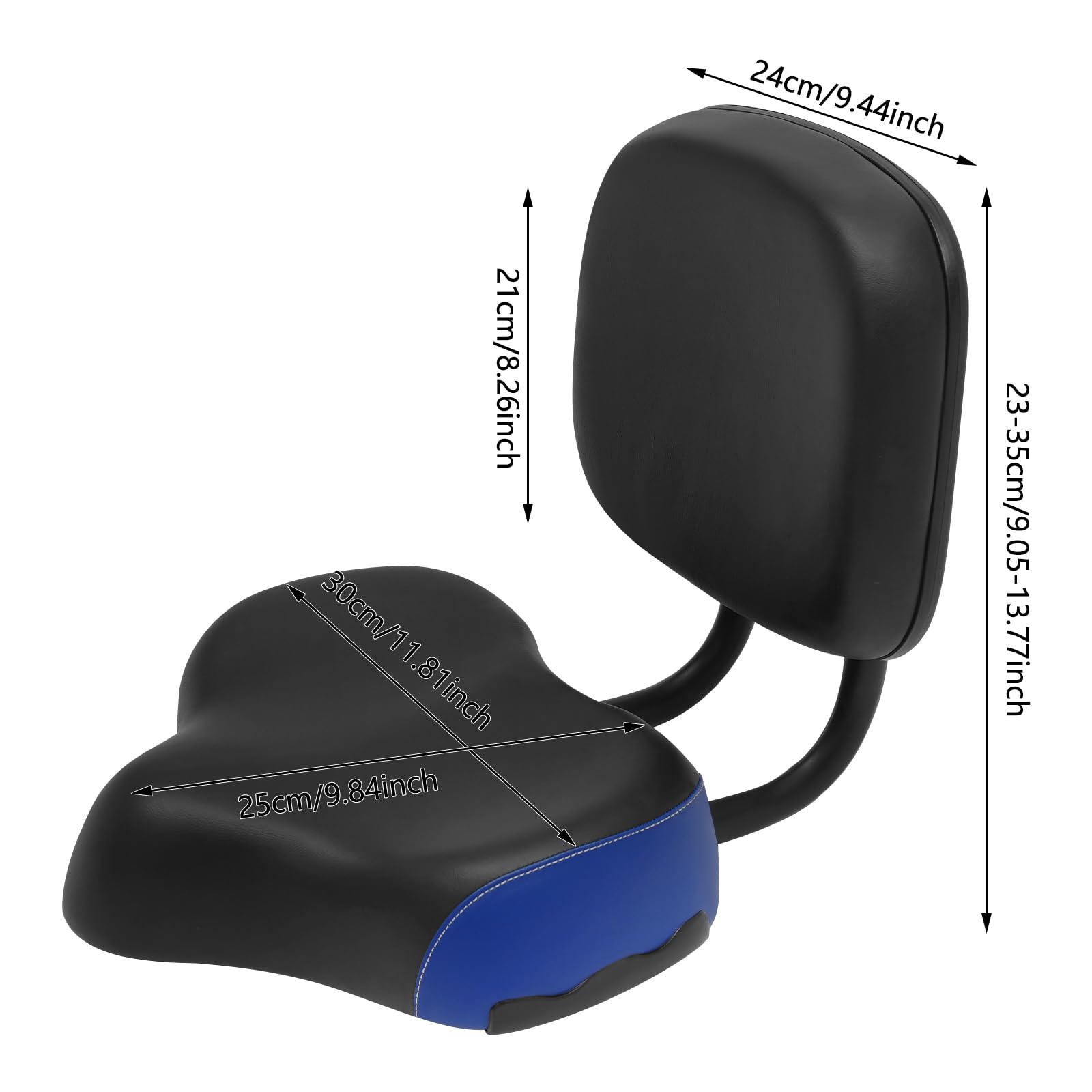 Bicycle Seat w/Backrest, Comfortable Extra Wide Tricycle Saddle Seat, Good Support & Cushioning Effect, Adjustable Backrest Height, for Electric Bikes, Tricycles, Beach & Road Bikes (Black, Blue)