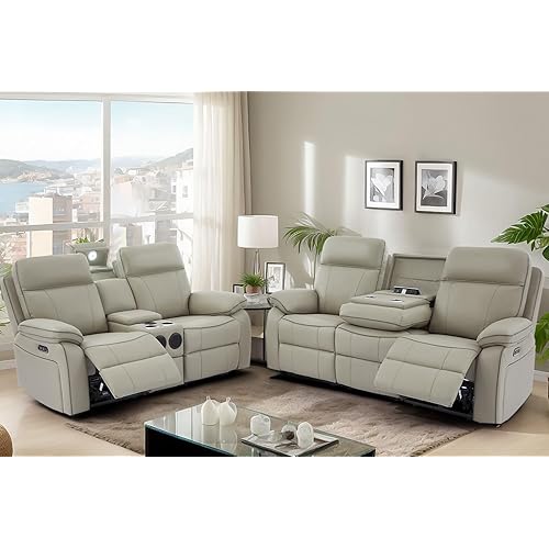 Power Reclining Sofa Set with LED Reading Light/Storage Drawer, Power Loveseat Recliner Sofa, Reclining Loveseat with Bluetooth Speakers/Outlets/Breathing Leather (Grey, Sofa+Loveseat)
