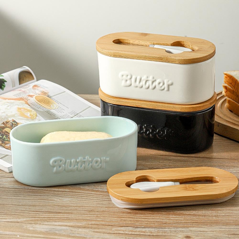 Sizikato Embossed Porcelain Butter Dish with Bamboo Lid, 7.5 Inches