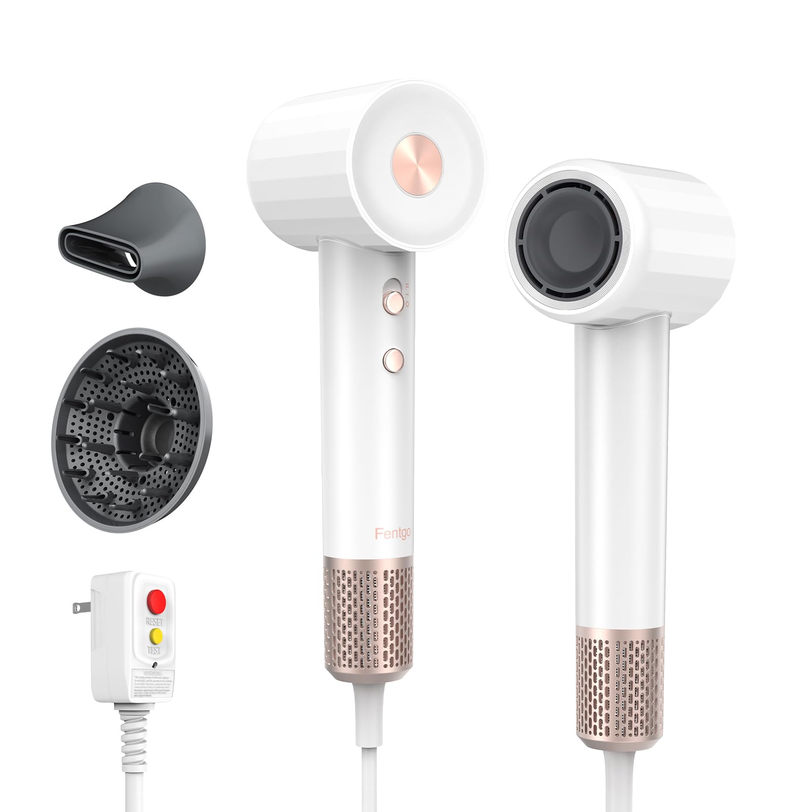 Fentgo High Speed Ionic Hair Dryer with Diffuser, Professonal Blow Dryer 110,000 RPM Brushless Motor for Fast Drying, 1500W 4Temps /2Speeds, Thermo-Control Hairdryer for Women Home Travel (White)