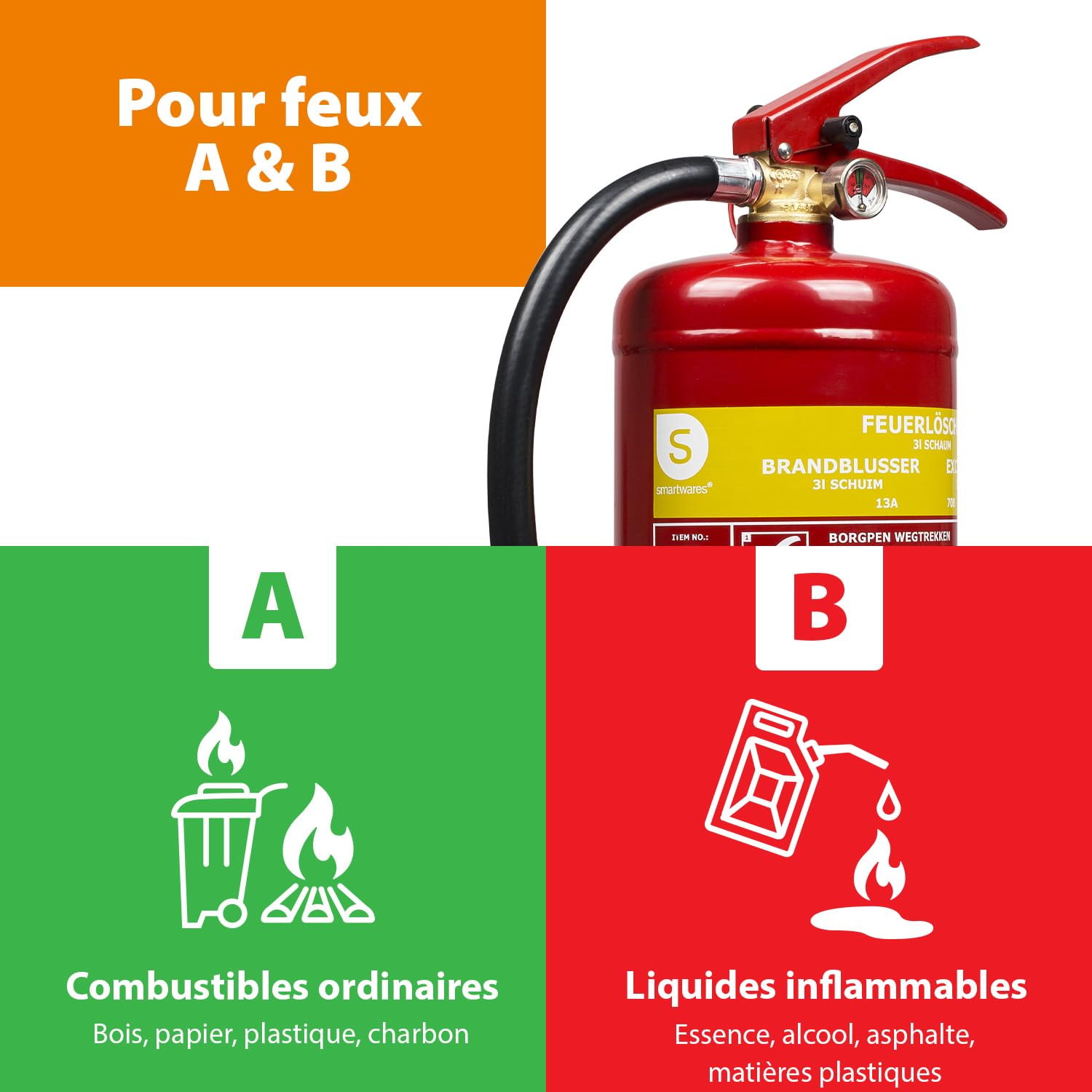 Smartwares Extincteur à Mousse - 3 L - pour Feux A&B - Adapté pour Bureaux et domiciles - Support Inclus - FEX-15230