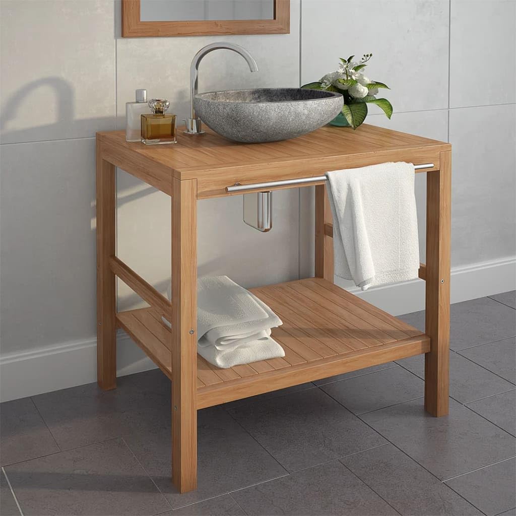 Mueble bajo lavabo de madera de teca maciza, 74 x 45 x 75 cm | Armario de baño estable para debajo del lavabo con práctica barra de toalla de acero cepillado.