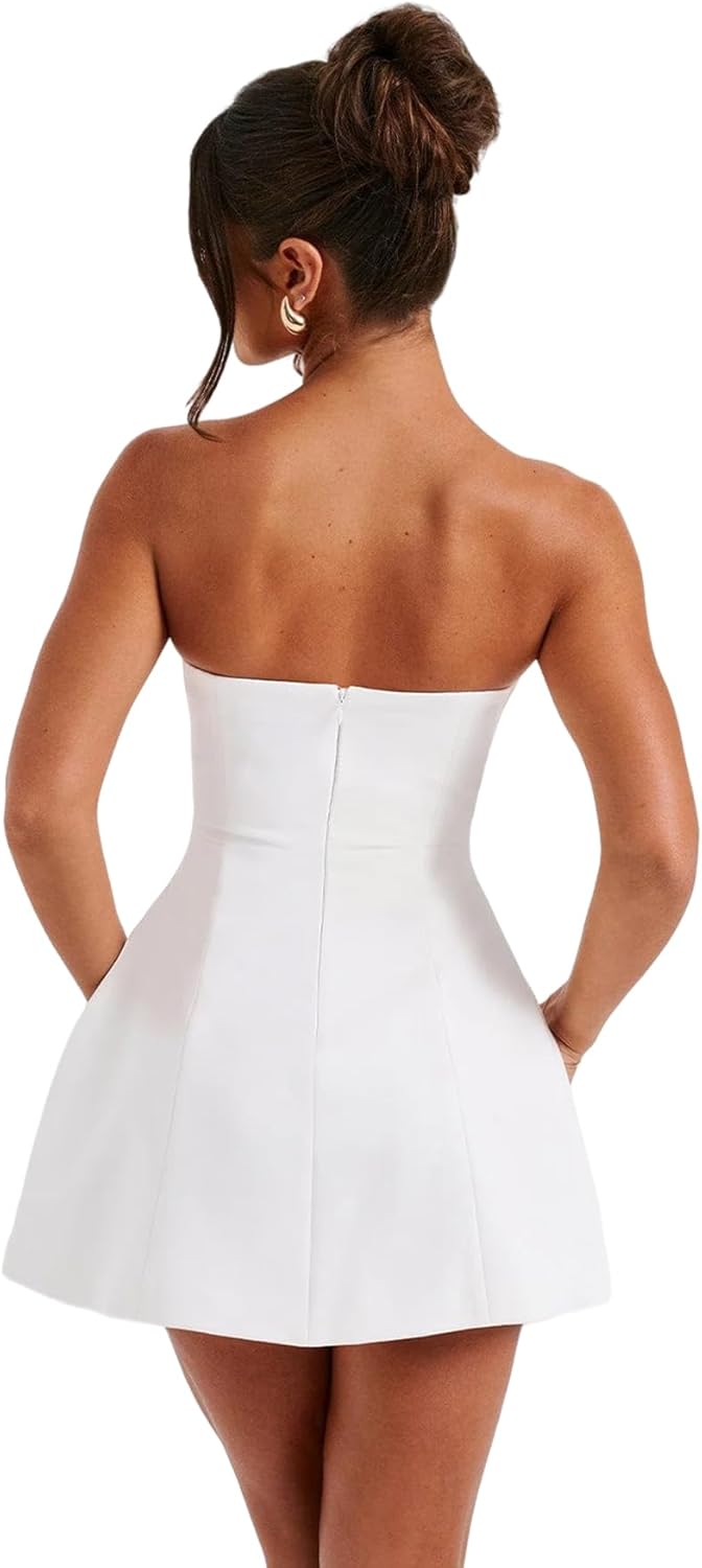 Suillty Women's Sexy Strapless Off Shoulder Mini Dress Elegant A-Line Tube Top Bodycon Dress Formal Party Club Short Dresses - Image 3