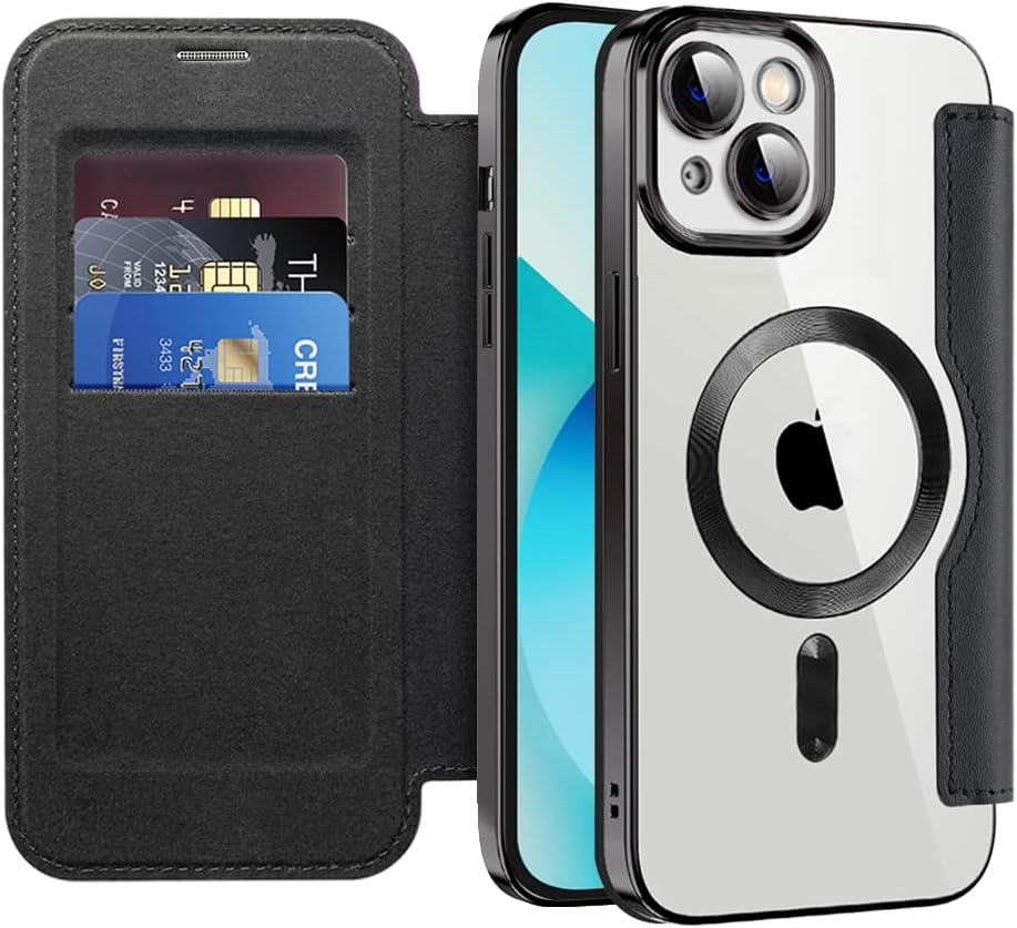 Case for iPhone 13, [Compatible with MagSafe] Wallet Flip Case with Card Slot RFID Lock Shockproof Protective Back Transparent Mobile Phone Case for iPhone 13, Black JD