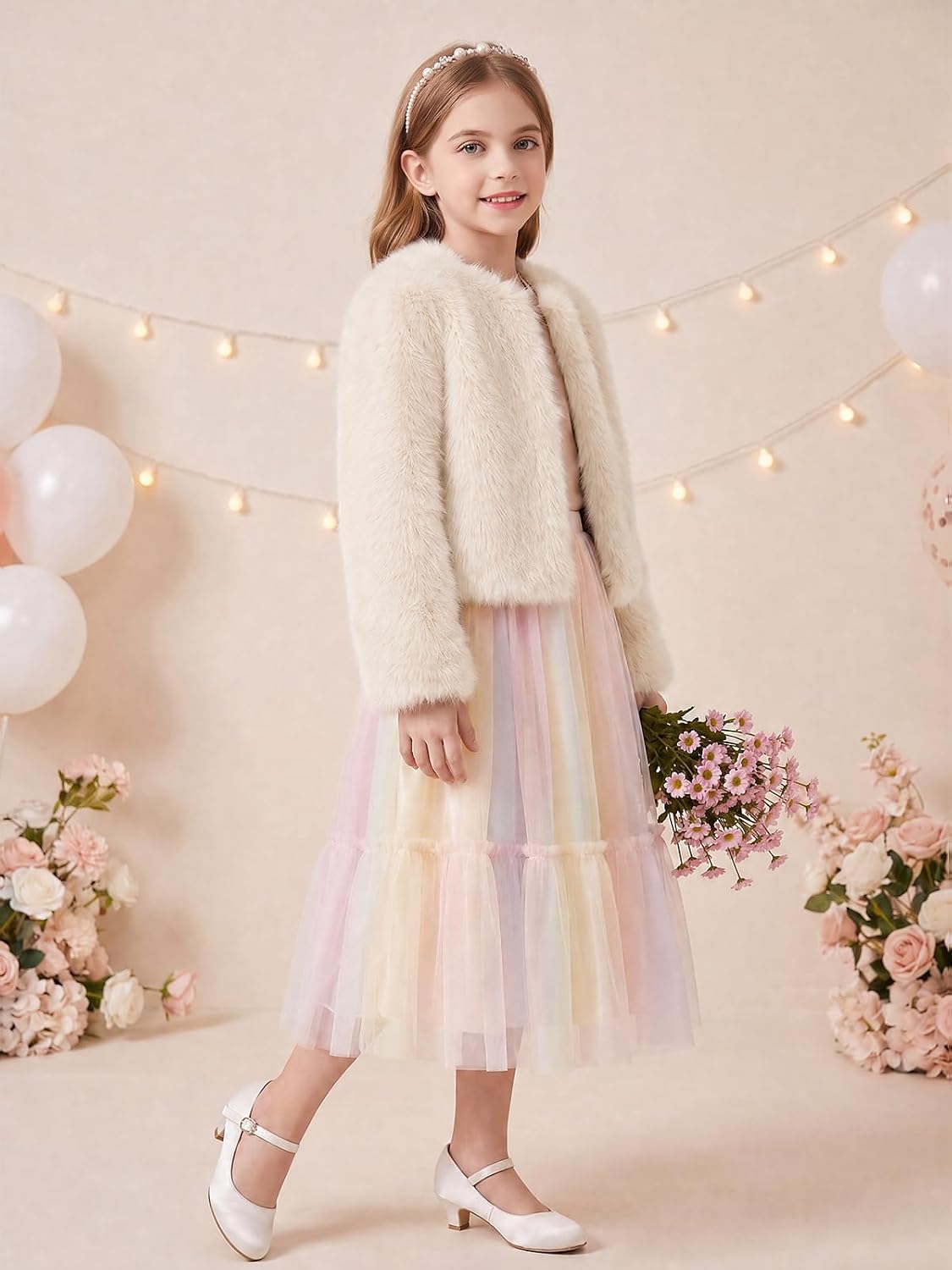 Haloumoning Girls Faux Fur Dress Coat Fluffy Open Front Long Sleeve Jacket